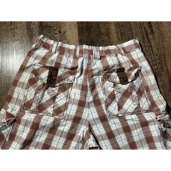Koman Cargo Shorts Mens 32 White Brown‎ Plaid Utility Pockets Casual Flat Front - Picture 12 of 16